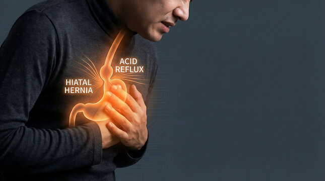 Man suffering from Hiatal Hernia and Acid Reflux symptoms with glowing anatomical stomach overlay representing heartburn and digestive pain