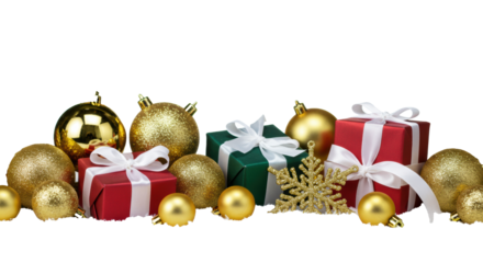 photorealistic still life macro of reflective gold baubles, silver snowflakes, and ribbon-wrapped red/green gifts on snow with dramatic rim lighting and white copy space. luxury holiday advertisement