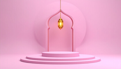 Elegant Pink Islamic Podium with Hanging Golden Lanterns