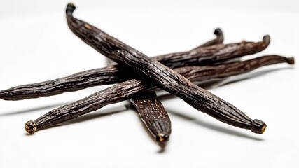 A closeup studio shot of several premium quality dried vanilla beans showcasing their rich dark brown color and textured surface essential for gourmet cooking baking and creating aromatic extracts is.