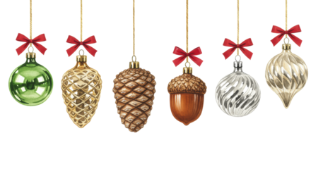 Detailed watercolor illustration of vintage christmas ornaments (green glass, gold pine cones, silver baubles) hanging precisely on a transparent background. Elegant festive design concept