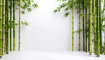 Green Bamboo Trees Border with Copy Space with Fresh Green Leaves on Isolated White Background