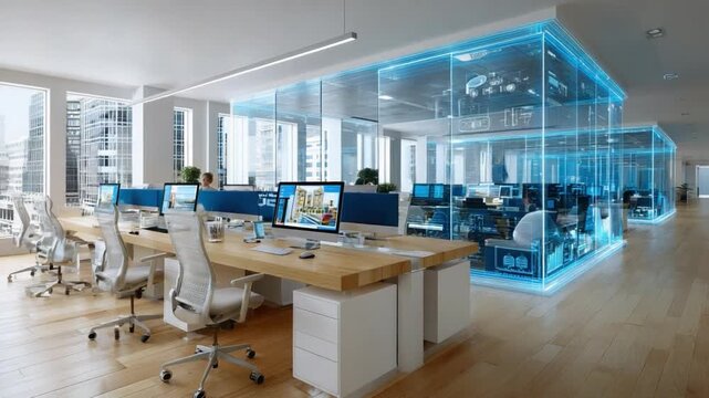 Modern Workspace: A clean, well-lit modern office space, showcasing a row of organized desks, ergonomic chairs, and large windows that offer a view of the outside.