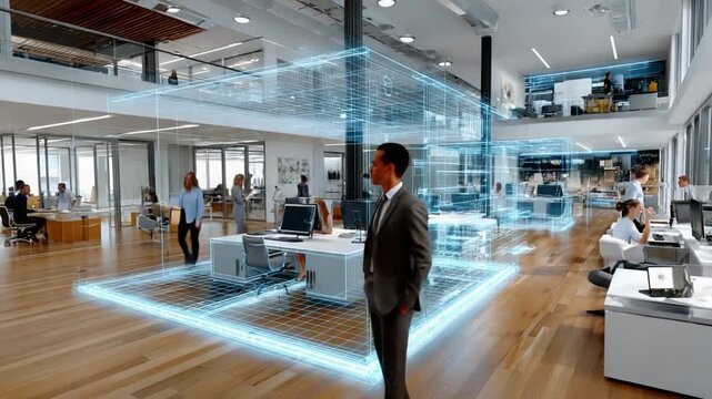 Digital Office Innovation: A visionary office space blends the tangible and virtual worlds, showcasing a modern workplace integrated with cutting-edge digital technology, promoting productivity