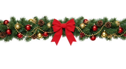 a luxurious, ultra-detailed christmas garland of emerald fir, red and gold baubles, pinecones, and a crimson satin bow, isolated on white. concept for seamless holiday texture