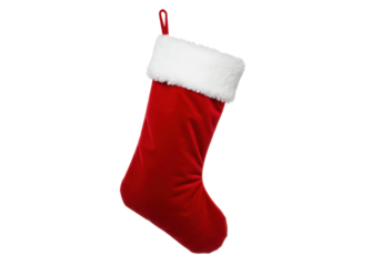 Meticulously detailed, luxurious red velvet christmas stocking with thick white faux fur cuff, sharp focus high-key photo isolated on white. concept for festive holiday branding