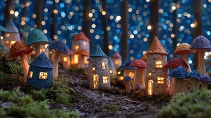Whimsical Christmas forest with tiny houses lit from within, glowing mushrooms, and a starry night sky.	
