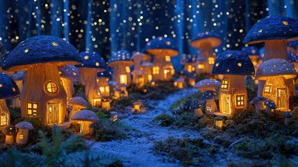 Whimsical Christmas forest with tiny houses lit from within, glowing mushrooms, and a starry night sky.	