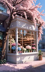 Naklejka premium Cherry blossoms frame cozy flower shop window, petals scatter on sidewalk.