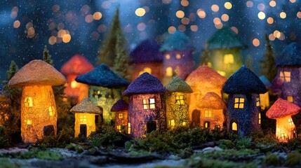 Whimsical Christmas forest with tiny houses lit from within, glowing mushrooms, and a starry night sky.	
