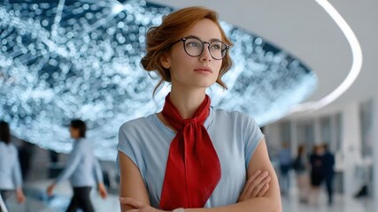 Smart Visionary in a Modern Setting: A thoughtful woman with glasses exudes confidence, gazing ahead in a contemporary, futuristic environment, surrounded by subtle movement and architectural beauty.