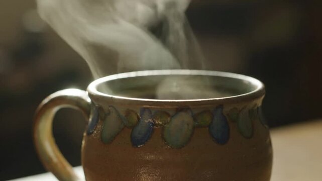 Steaming hot beverage in a rustic ceramic mug on a cozy morning