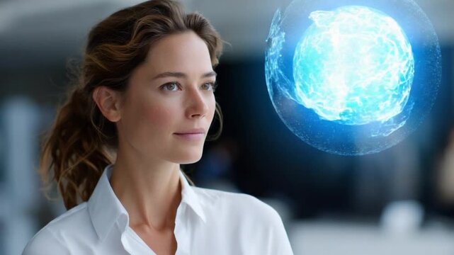 Future Vision: A thoughtful woman gazes toward a glowing orb, symbolizing innovation and the boundless potential of the future, against a backdrop of modern architectural elements.