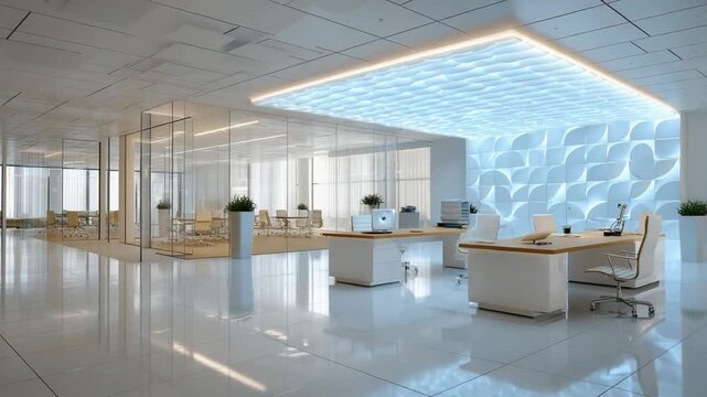 Modern Office Interior: A stylish and contemporary office space, designed with a focus on minimalism and a clean aesthetic. The open-plan layout, with glass partitions and sleek furniture.