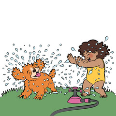 Little Girl Playing With Her Dog in a Water Sprinkler &ndash; Cute Summer Illustration