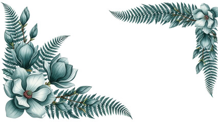 Elegant botanical watercolor corner element with magnolia and fern in deep teal isolated on white background
