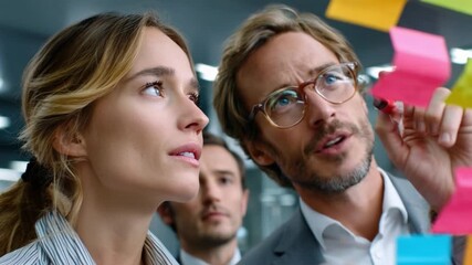 Brainstorming Session: A team is engrossed in a dynamic brainstorming session, meticulously planning using colorful sticky notes, fostering collaboration and sparking creative innovation.