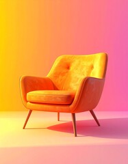 Modern Orange Velvet Armchair on Pink and Yellow  Background