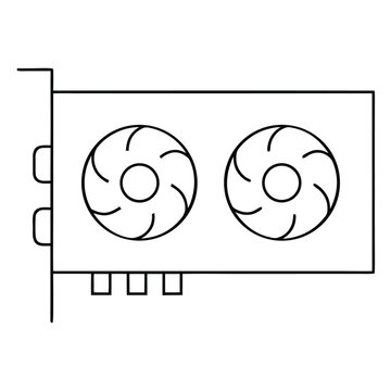 Simple line icon drawing of a dual fan computer graphics card featuring cooling mechanisms and expansion slots for hardware illustration concepts