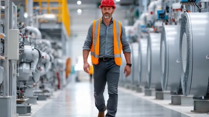 Factory Manager in Action: A seasoned factory manager, clad in essential safety attire, strides confidently through the industrial expanse.
