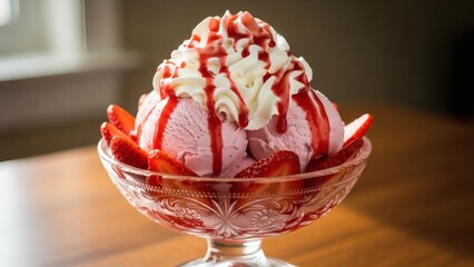 Delicious strawberry ice cream sundae with whipped cream and fresh strawberries on a wooden table indoors
