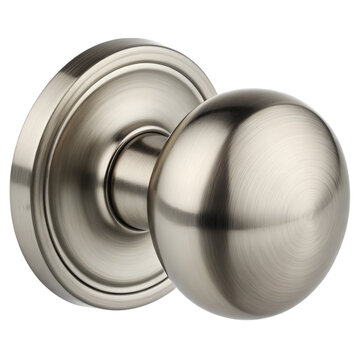 A silver door knob isolated on a clean background viewed from a slight angle