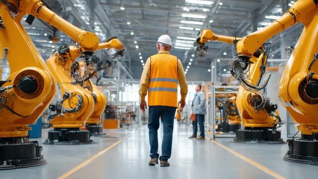   Factory Floor Precision: An engineer walks confidently through a futuristic factory floor. Massive, robotic arms meticulously assemble components.