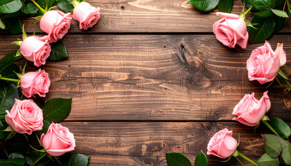 : Floral Frame on Rustic Wooden Background