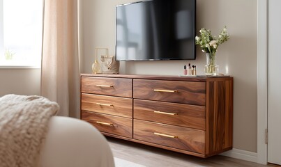 Modern American-style living room interior featuring a walnut wood dresser with 6 drawers, rich natural wood grain, clean flat panels, minimalist modern design