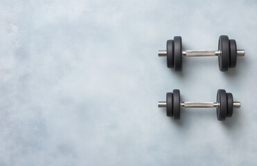 Pair of black adjustable dumbbells on a light blue textured background with ample copy space for advertising or text