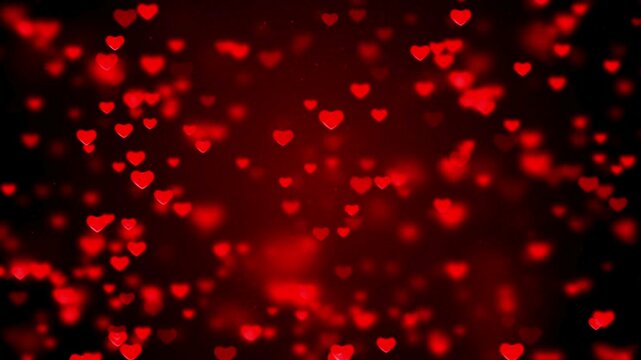Romantic red heart bokeh lights floating on dark background