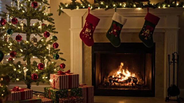 A decorated holiday tree with glowing lights and ornaments is in the foreground with blurred stockings a mantel and a warm fireplace in the background