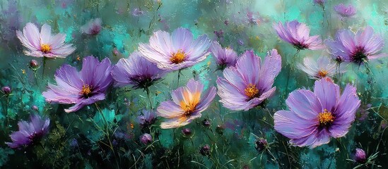A vibrant painting of purple cosmos flowers in a soft, dreamy landscape