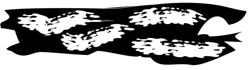 Abstract brush stroke with white paint splatter on black background
