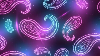 Vibrant Neon Paisley Patterns on Dark Background.
