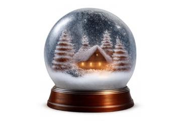 Snow globe showing a cozy cabin surrounded by pine trees and falling snow, representing winter holidays and christmas
