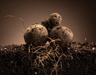 Potatoes Growing in Dark Soil Closeup.