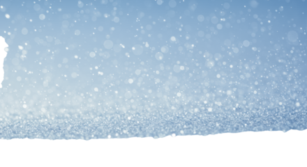 Abstract macro photograph of dense snowfall; extreme shallow depth of field (f/1.4) creating perfect circular glowing bokeh against a high-key pastel blue gradient background; concept of festive