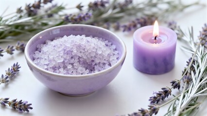 Lavender bath salts in small bowl with burning candle and lavender flowers