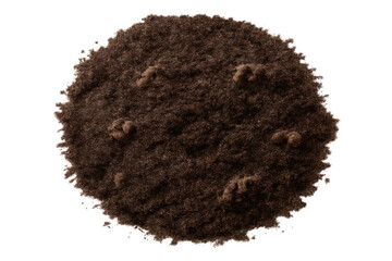 Pile of dark nutrient-rich soil ready for gardening and planting, viewed from above on transparent background