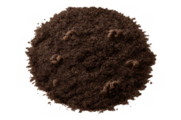 Pile of dark nutrient-rich soil ready for gardening and planting, viewed from above on transparent background