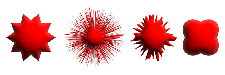 Set of red star burst shape tags for price. Circle sticker set. Wavy edge promo black badges. Blank sale stickers. Simple silhouette. Flat vintage labels isolated on transparent background