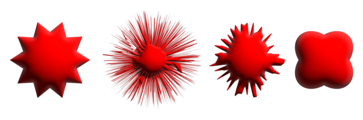 Set of red star burst shape tags for price. Circle sticker set. Wavy edge promo black badges. Blank sale stickers. Simple silhouette. Flat vintage labels isolated on transparent background