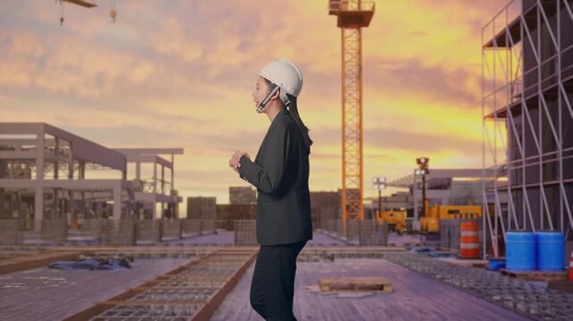 Side View of Asian Businesswoman Walking and Speech at Construction Site while Sunset with Tower Cranes and Building Foundations