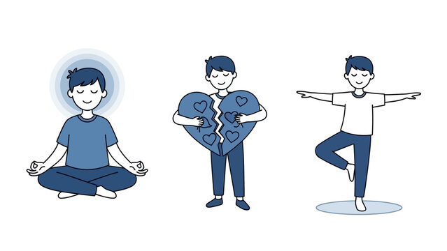 Boy Meditating Holding Broken Heart and Doing Yoga.