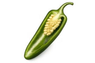 Jalapeño pepper sliced open lengthwise, exposing its internal structure, pale seeds, and ribbed membrane on a transparent background