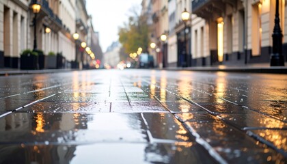 Reflective wet cobblestone street in a european city glowing under vintage lamps and evening rainlight atmosphere
