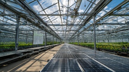 translucent photovoltaic panel array on agricultural greenhouse roof, intelligent drip irrigation cultivation racks below, background is crop growth monitoring screen and farmland	