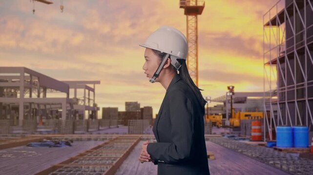 Side View of Asian Businesswoman Walking and Speech at Construction Site while Sunset with Tower Cranes and Building Foundations