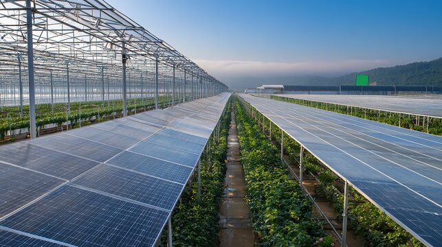 translucent photovoltaic panel array on agricultural greenhouse roof, intelligent drip irrigation cultivation racks below, background is crop growth monitoring screen and farmland	